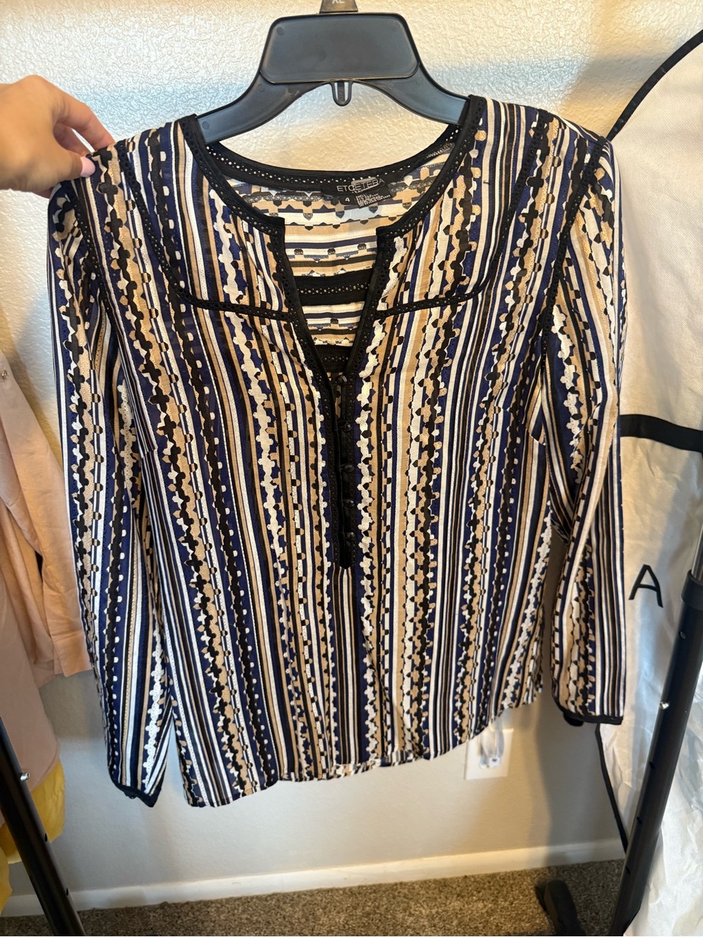 Etcetera Black, Royal Blue, White & Cream Silk Striped Top
